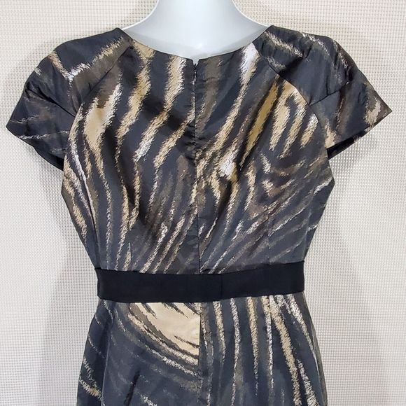 Tahari Dress 8 Black Gold Animal Print Sheath Cocktail Party Cap Sleeve Zip - Picture 6 of 14